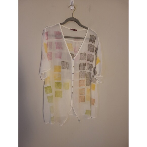 Barbara Lesser Ivory Sheer V-neck Top Sz XL Lagenlook Artsy Beachy - Picture 1 of 8